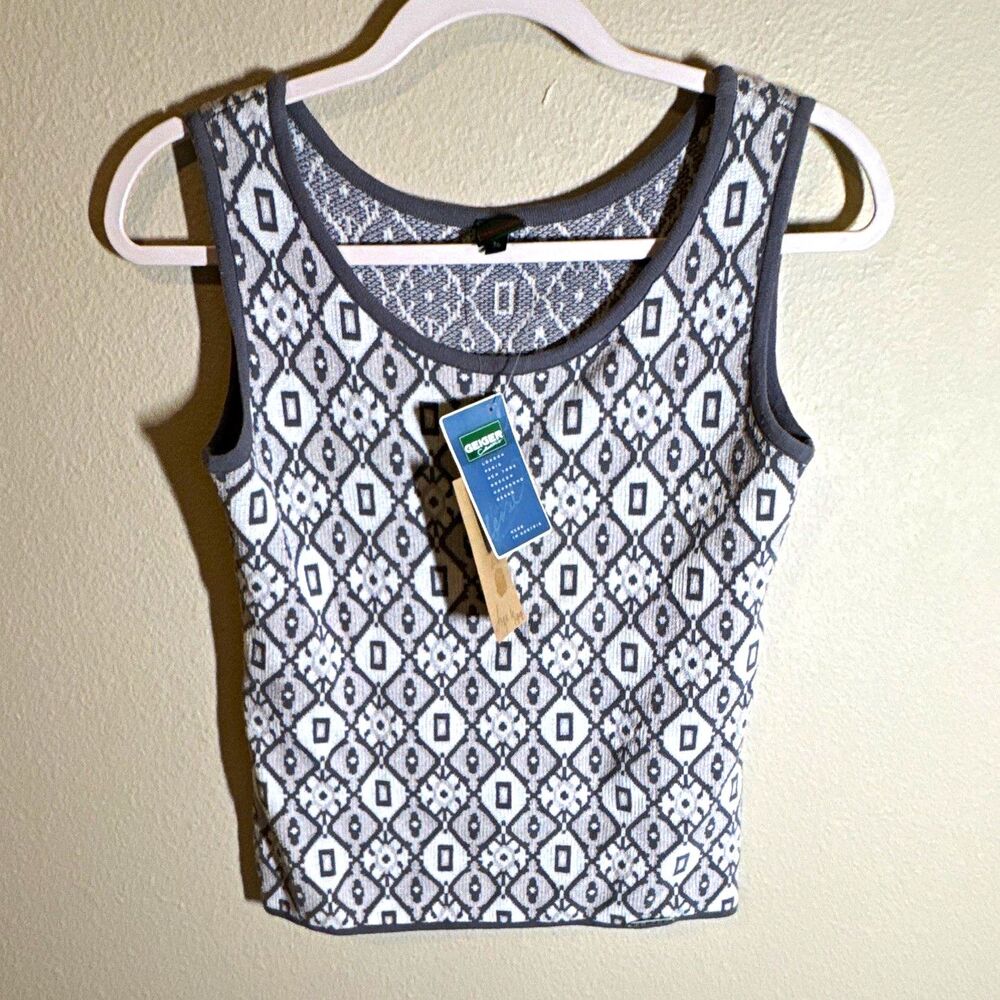 GEIGER Women’s Geometric Knit Tank Top 36 Gray White Scoop Neck Wide Strap